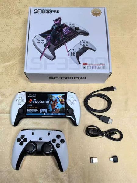 New SF3500 handheld game console with a high-definition 5-inch screen, featuring classic arcade games and dual-player joystick battle mode.