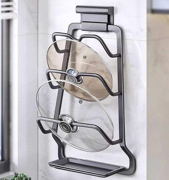 Wall Mounted Pot Lid Holder, No-Drill Kitchen Organizer with Drain Tray, Space-Saving Cookware Storage Rack