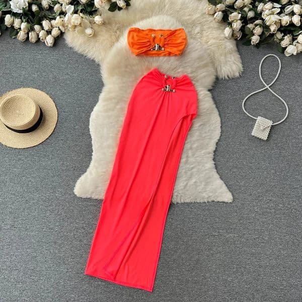 Foamlina Women Fashion Summer Clothing Sets 2025 Sexy Two Piece Set Strapless Crop Top Elastic Waist High Split Long Skirt Suits 260416