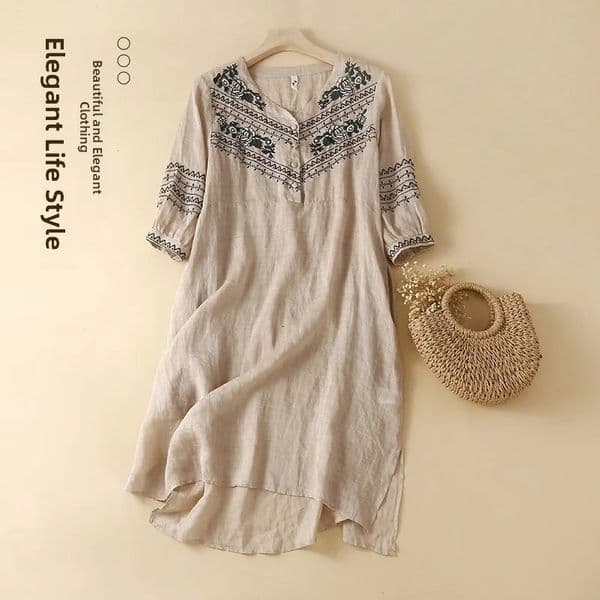 Retro Embroidered Cotton Linen Midi Dres Summer Loose VNeck Half Sleeve Gown Artistic Style Button Detail ALine Skirt 260410
