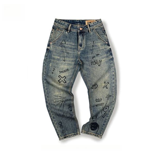 American Retro Graffiti Designer Jeans Luxury Men's Loose Straight Leg Trendy Brand Casual Pants Youth Street Fashion Hip-hop Sports Jeans Basic Pants