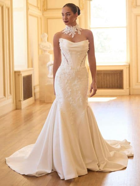 DMCU0013 Bridal & Wedding Dresses Elegant Strapless Satin Lace Mermaid Wedding Dress Chapel Train Bridal Gown