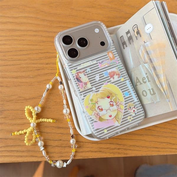 Sweet Anime Girl Striped Phone Case + Bead Chain. Anti-drop transparent soft case suitable for Apple series.
