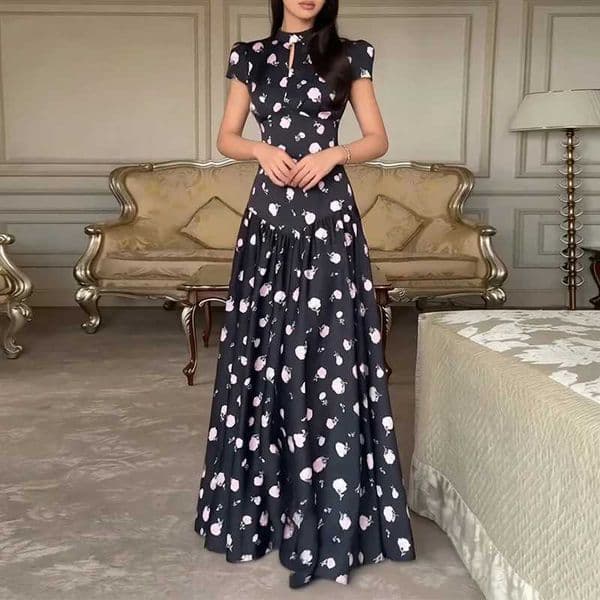 Elegant Lady Short Sve Pleated Dress Summer New High Waist Commute Maxi Dresses Temperament Stand Collar Floral Printed Dress L260420