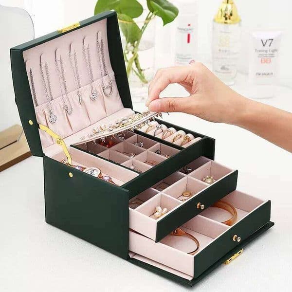 Multi Functional Three Layer Leather Drawer Style Earrings Lock Jewelry Box 26Y0419
