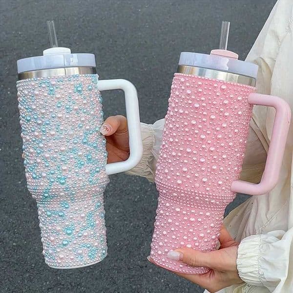 40oz Stainless Steel Vacuum Insulated Tumbler with Pearls Rhinestones Wide Handle Car Cup Holder Compatible T260420