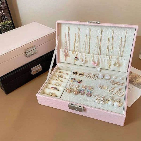 Large Square Jewelry Box Solid Color Leather Lock Earrings Necklace Bracelet Storage Display Boxes Travel Portable 26Y0420