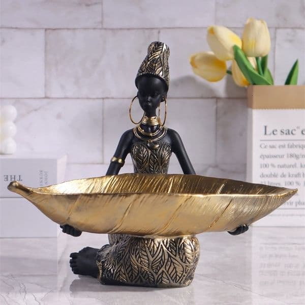African Girl Holding a Plate Sculpture Home and Office Decorative Storage Ornament Vintage Collectible Craft Deskt Decor 251216BJ