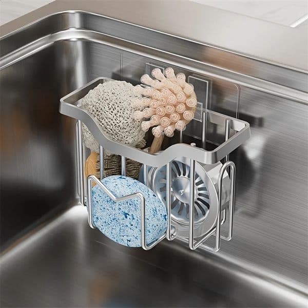 Multifunctional Sponge Holder Kitchen Sink Organizer Rustproof Stainless Steel Sink Caddy for Sponge Brush Sink Stopper Scraper 250520BJ