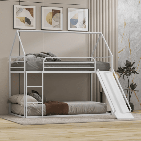 Metal House Bunk Bed with Slide and Ladder Twin Over Floor Bunk Bed Frame with Roof Design Full Safety Guardrail Heavy Duty Kids Play Bed Space Saving Bedroom Furniture