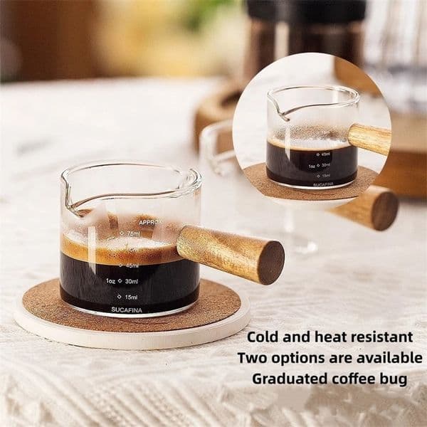 1PC Glass Measuring Cup Wood Handle Glass Espresso Measuring Cup Double Single Mouth Milk Coffee Clear Mug Coffee Supplies 260106BJ