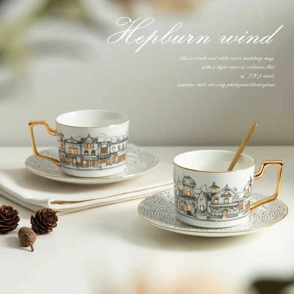 Vintage European Town Phnom Penh Ceramic Coffee Cup and Saucer Set Retro Afternoon Tea Cup High-end Bone Porcelain Coffee Mugs T260420