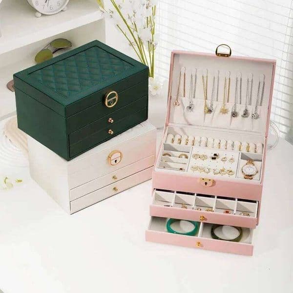 rhomboid round 1/3layer leather jewelry storage box with lock 26Y0420