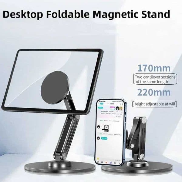 New Design Adjustable Strong Magnet Foldable Ipad Tablet Holder Desktop Metal 360 Rotation Tablet Stand for Magsafe Phone Holder S26420