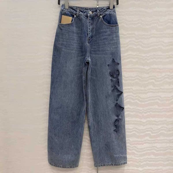 Women's Jeans designer Hollow-out embroidered mid-high waist woman jeans vintage fashion versatile straight-leg pants for spring