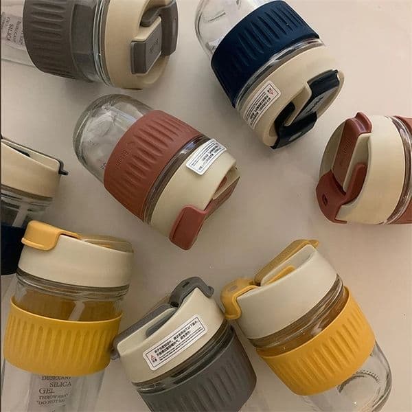 Korean Glass Water Bottle ins Portable Glass Cup With Lid Straw For Coffee Milk Tea Juice Anti-scalding School Drink Bottle Gift 260402BJ