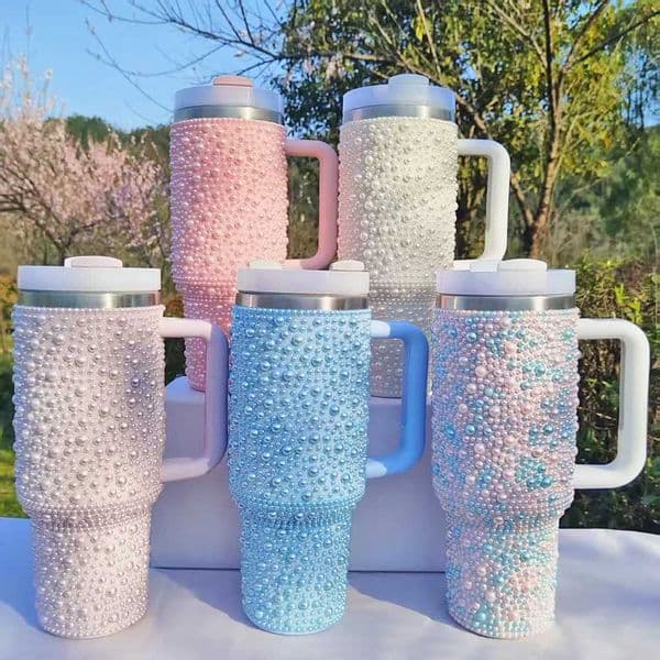 40OZ Thermos Cup Pearl Diamond Decor Coffee Cup 304 Stainless Steel Thermos Bottle Double Wall Insulation Cold And Hot Car Mug T260420