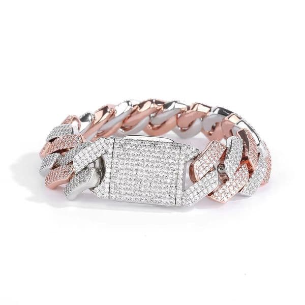 Men Women Fashion 925 Sterling Silver Raised Iced Moissanite 18MM Chain Rose Gold 2 Tones Cuban Link Chain Necklace Jewelry