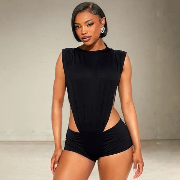 Women Black Sexy 2 Piece Set Side Hollow Out O-neck Ruched Sleeveless Bodysuits Tops Skinny Shorts Clubwear Suits Streetwear 260418