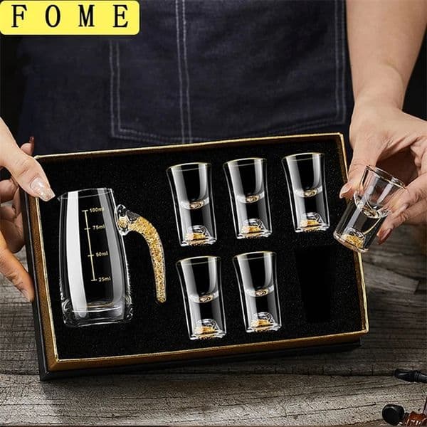 2/7pcs Crystal Glass Short Cup Gift Box Set Lead Free Liquor Glass With Wine Dispenser Golden Vodka y Wine Glasses Soju Cup 260324BJ