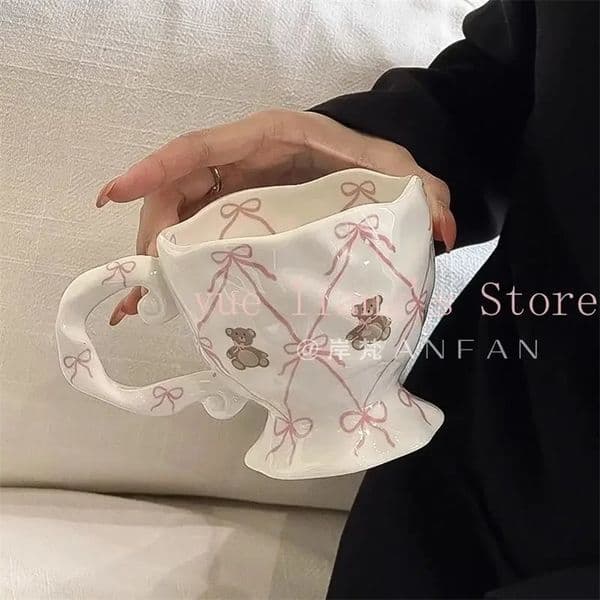 Bow Teddy Bear Ceramic Cup Original Super Cute Breakfast Coffee Cup Pink Coffee Mug Handheld Coffee Cup 260228BJ