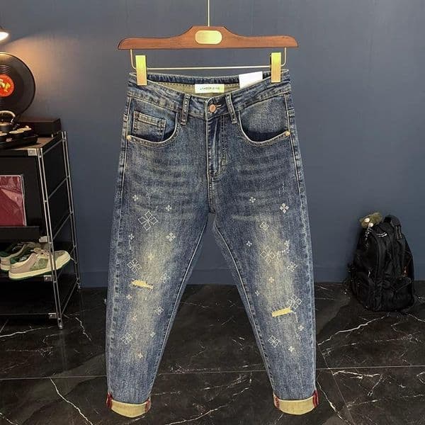 2026 New Men's Denim Pants - Spring summer Lightweight Slim-fitting High-end Elasticated Blue Printed Hole-style Mid-cut Pants