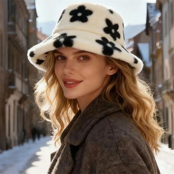 Leisure Plush Cute Bucket Caps with Little Print FlowersWomen Autumn Winter Stars Warm Fishmen Hat Thick Faux Fur skullies Hats 260130BJ