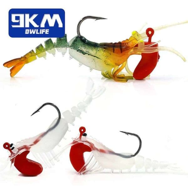 9KM 3Pcs Soft Shrimp Lures Fishing Jig Head Swimbait with Paddle Tail Trout Bass Salmon Saltwater/Freshwater Sharp Hook
