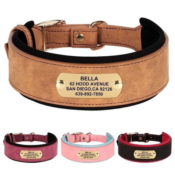 Personalized PU Leather Dog Collar Soft Padded Wide Dog Collars Customized Pet Tag Name Necklace for Medium Large Dogs Pitbull L260526