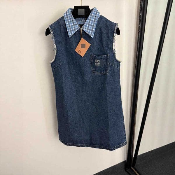 Designer Casual Dresses Miu's new letter pocket plaid lapel patchwork denim sleeveless vest dress for woman