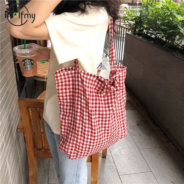 Canvas Bag Woman Casual Plaid Women Shopping Bag Large Capacity Cute Tote Handbags Cloth Double-sided Girls Frenum Shoulder Bags 260414