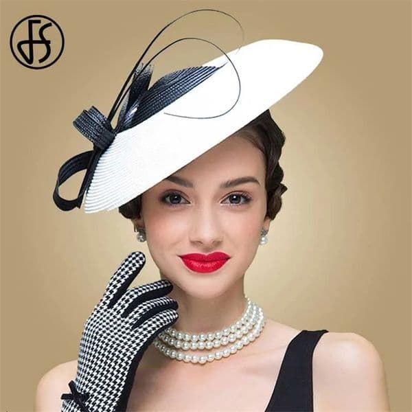 FS Fascinators Black White Weddings Pillbox Hat For Women Church Hat Sraw Fedora Black Wide Ladies Hats 260402BJ