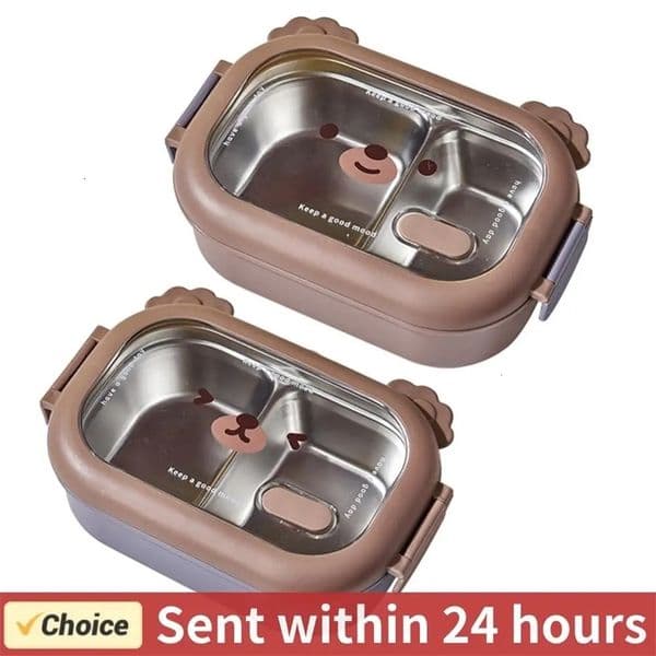 Stainless Steel Bento Box 2 Compartments Cartoon Lunch Box Double-Sided Locking Deposit Meal/Fruit/Vegetables and Salads 250627BJ