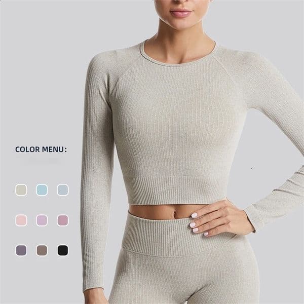 Yoga Lady Long-Sleeved Clothing Thread Big Size Sports Corsetry Yoga Dress Female Solid Color Navel Crop Top Fitness Slim-fit 260206BJ