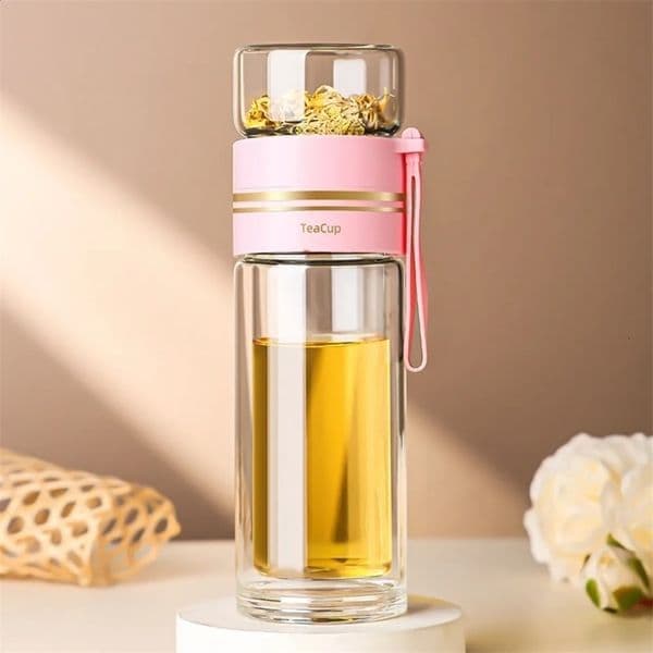 High Value Glass Tea Cup Leak-proof and High-temperature Resistant Double Layer Water Cup with Portable Carrying Rope 16 Ounces 260414BJ