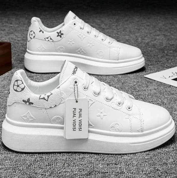 White Chunky Sneakers Leather Platform Casual Shoes Autumn New Men's Thick-Soled Height-Increasing