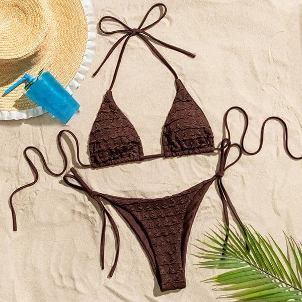 sexy coffee wrinkled string halter bikinis sets two pieces tie thong swimsuit bathing suit swimwear biquini bakini tankini 260420