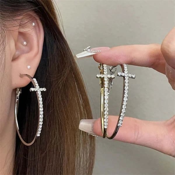 Shiny Crystal Big Circel Cross Hoop Earrings for Women Exquisite Rhinestones Geometric Ear Buckles Earrings Jewelry Accessories 260403BJ