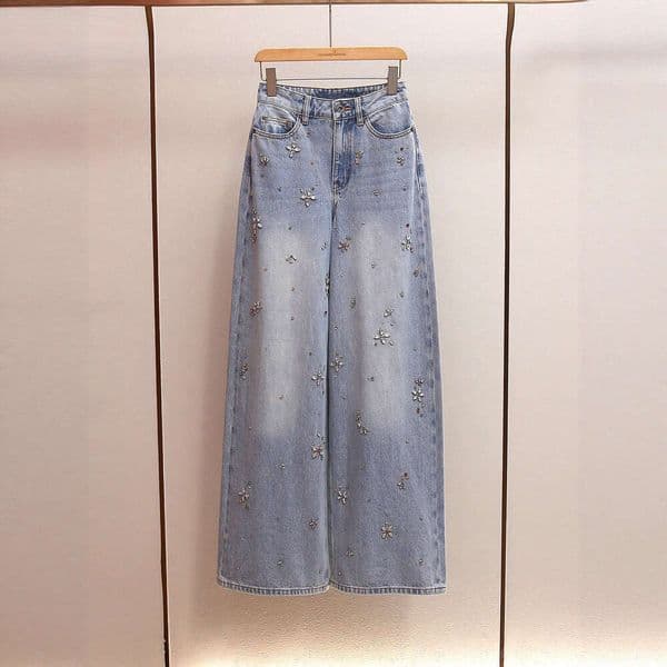 SP Autumn New French Style Lazy Commuter A-Line High Waist Heavy Embellished Washed Wide-Leg Long Jeans For Women Mdng260420