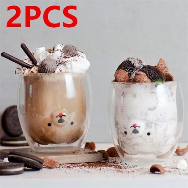 2PCS Creative Cute Double Wall Glass Mug 250ml Bear Cat Dog Duck Animal Glass Mug Cute Beer Milk Coffee Cup Valentines Day Gift 260106BJ
