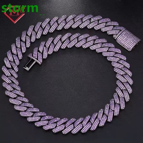 HipHop Cuban Link Chain 925 Silver 3 Rows Men Necklace Iced Out Custom Purple Moissanite Cuban Chain
