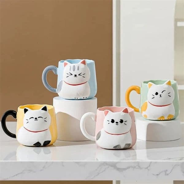 Cartoon 3D Embossed Ceramic Cup Cute Cat Coffee Milk Tea Breakfast Handle Cup Tableware Novelty Gift Home 500ml Mug 260228BJ