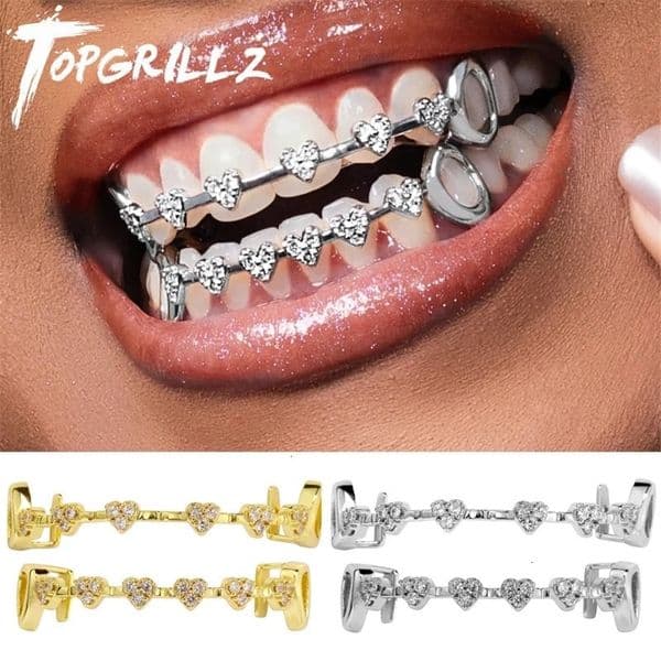 TOP Iced Out Heart n Teeth Caps Cubic Zircon Micro Pave 6 Top6 Bottom Charm Grills Set For Men Women Jewelry 260130BJ
