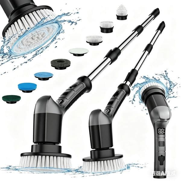 Cordless Rechargeable Power Scrubber with Extendable handle with 8 Brush Heads,Digital Display Household Cleaner for Bathroom,Kitchen,Floor,Car cleaning brush