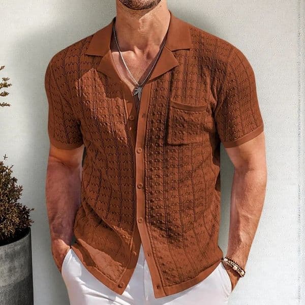 American Fashion Men Polo Shirt y Leisure Knitted Button-down Cardigan Tops Trendy Cuban Collar Short Sleeve Knitwear 260421