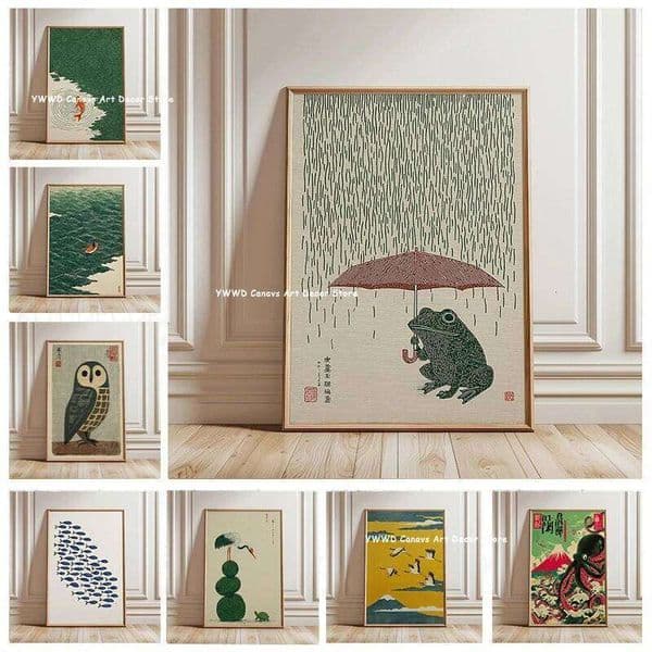 Japanese Frog Umbrella & Sea Boat Canvas Print Minimalist Mid-century Bluebird Animal Wall Art Poster for Modern Home Decor Gift 26L0421