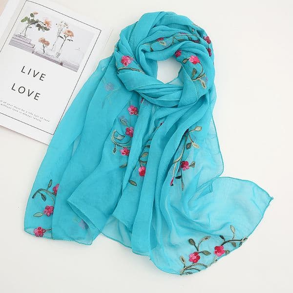 Spring Summer Sunscreen Embroidered Chiffon Women's Beach Scarf Ten Miles Peach Blossom Chinese Style Elegant Wrap UV Protection Shawl for Travel