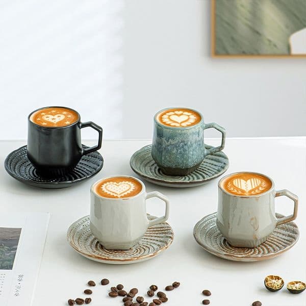 Modern Minimalist Ceramic Coffee Mug Irregular Rippled Texture Stoneware Water Cup Matte Glaze Tea Mug and Saucer Set Luxury Porcelain Tableware for Office
