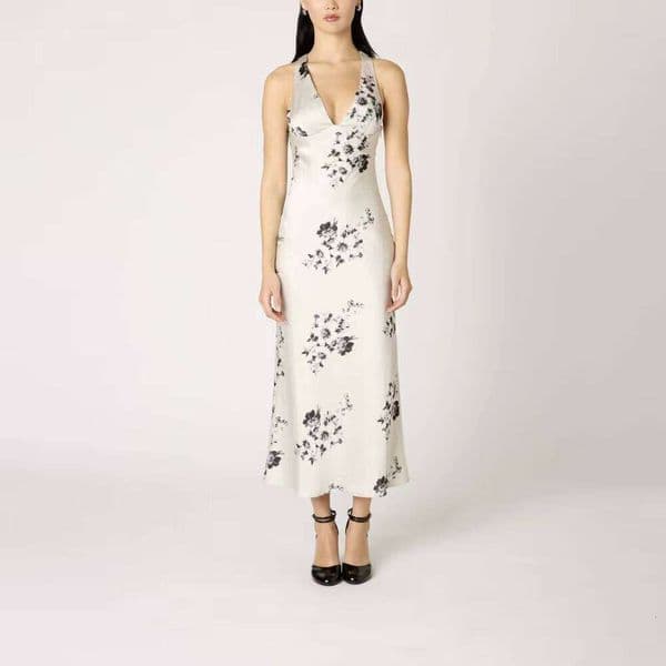 Women's Black Floral Satin Midi Halter Neck Bodycon Party Dress