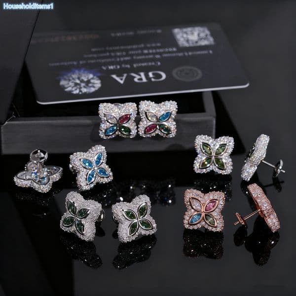 Custom 925 Sterling Silver Colorful Iced Out VVS Moissanite Four-leaf Clover Hip Hop Stud Earrings Pass Diamond Test Men Women